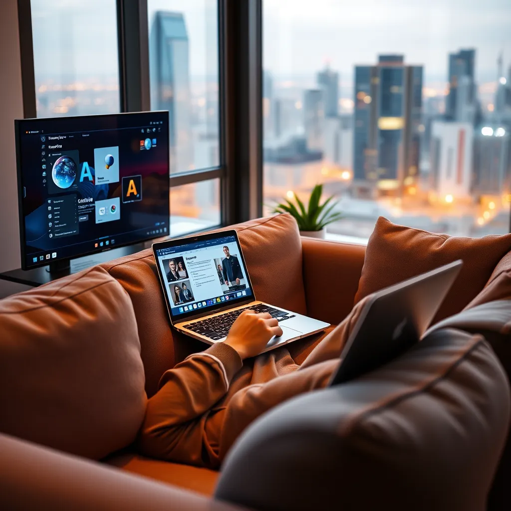 A modern workspace with a person sitting on a comfortable sofa using a laptop, connected to various applications on the screen. The background should show a city skyline through a window, indicating remote work. Bright and cozy lighting for a welcoming atmosphere.