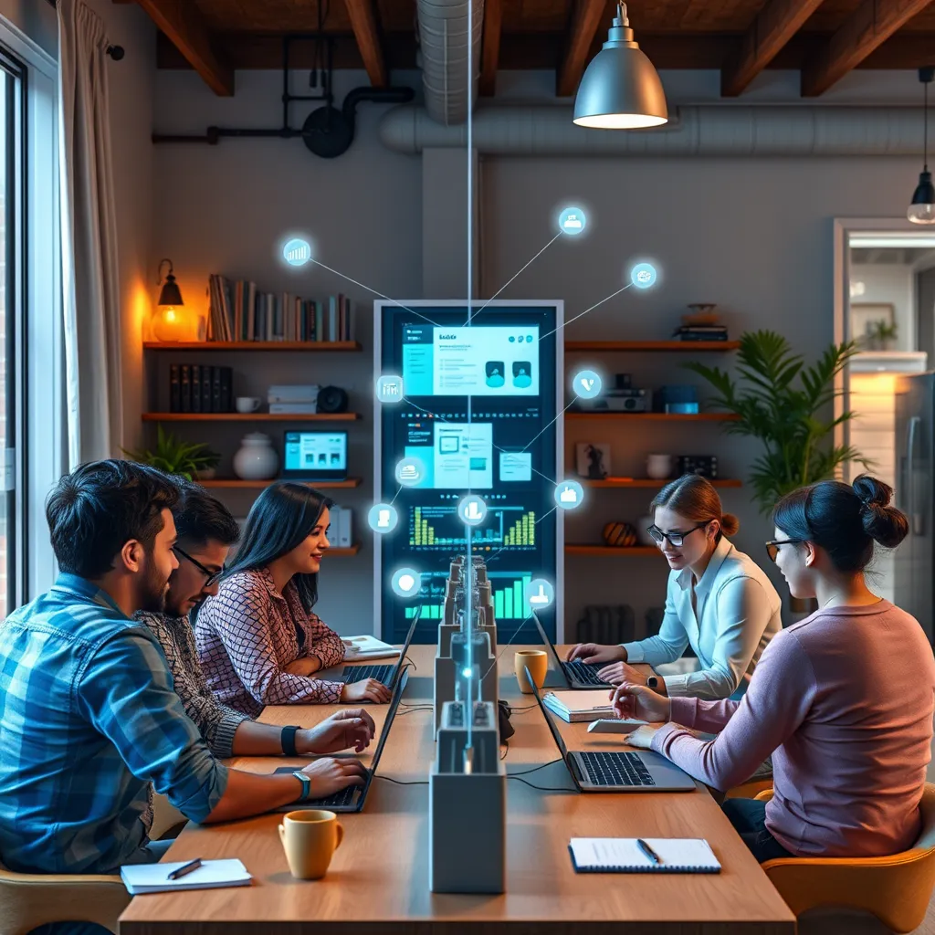 A photorealistic image showing a group of remote workers in different locations (home, café, co-working space), all connected to a server, with visible digital connections and shared documents on their screens, illustrating flexibility in the workplace.