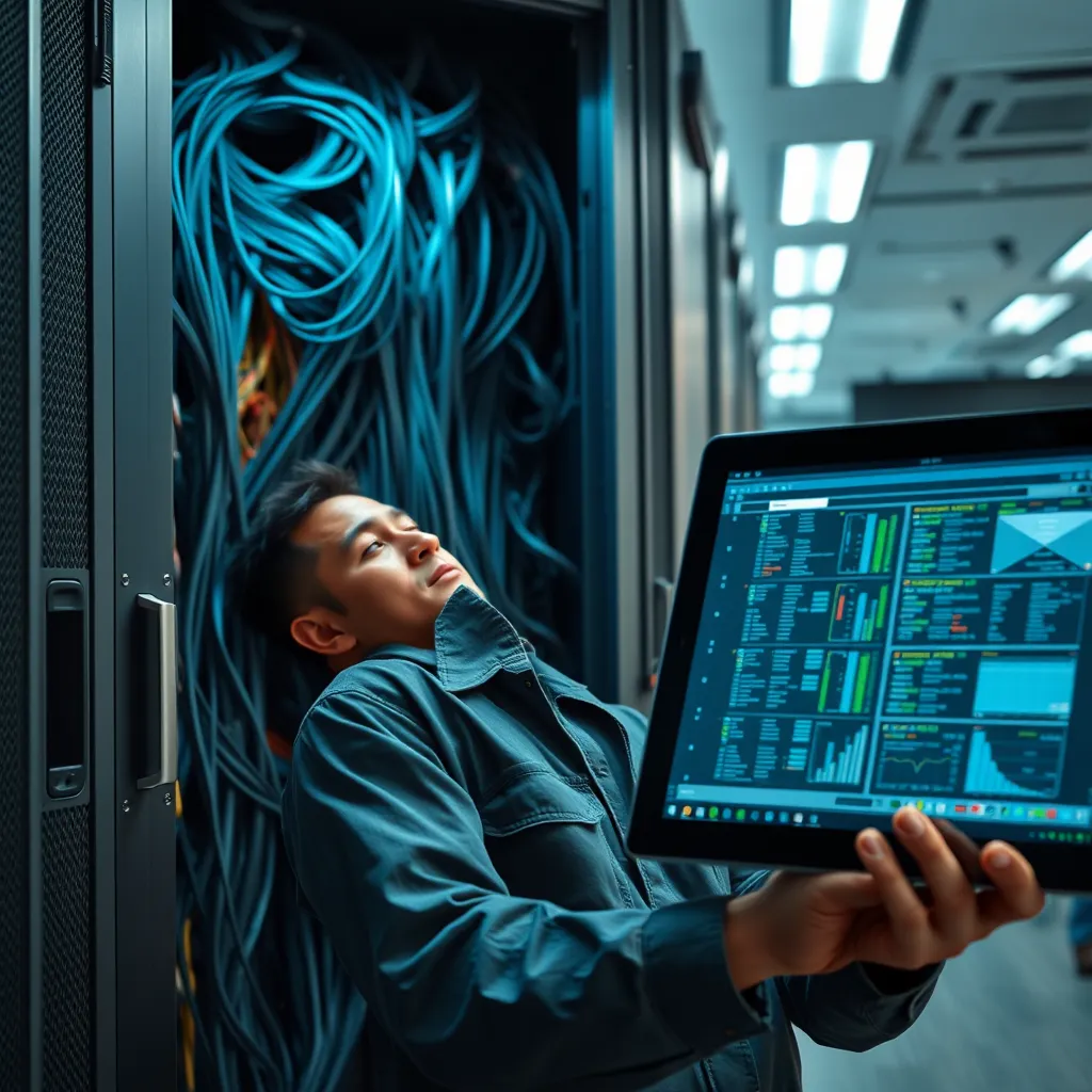 An image depicting an IT technician looking relieved as they close an old server room filled with wires, while a clean, digital interface on a tablet represents a virtual server with lower maintenance needs. Show a peaceful office environment.