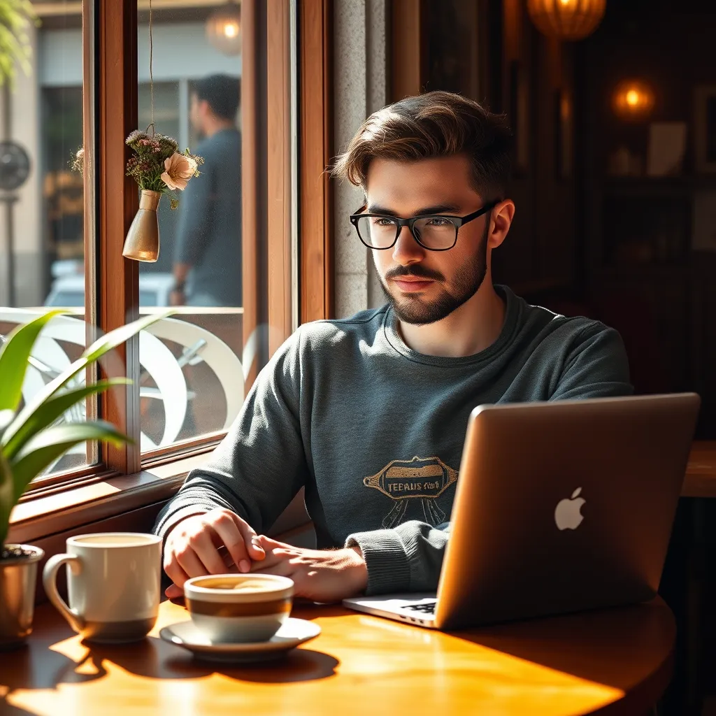 An individual enjoying a work session at a cozy café with a laptop, a coffee cup beside them. The atmosphere should feel relaxed yet productive, reflecting a blend of work and personal time. Show sunlight streaming through the café window.