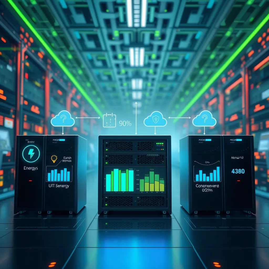 An infographic-style image illustrating the concept of resource optimization where multiple virtual servers are illustrated operating on a single physical server. Include visual charts showing energy savings and resource allocation, set against an inspiring tech-centric background.
